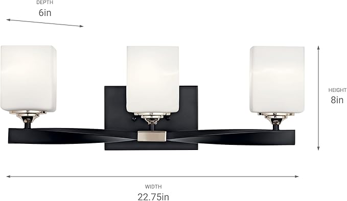 Kichler Marette 22.75" Vanity Light in Black, 3-Light Modern Bathroom Light with Satin Etched Cased Opal Glass, (22.75" W x 8" H), 55002BK