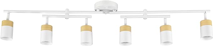 Globe Electric 64000055 42" 6-Light Track Lighting, Double Center Swivel Bar, Matte White, Wood Toned Accents, Ceiling Light, Pivot Shades, 6 Bulb, Kitchen Lights, GU10 Sockets