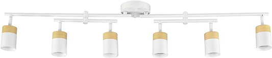 Globe Electric 64000055 42" 6-Light Track Lighting, Double Center Swivel Bar, Matte White, Wood Toned Accents, Ceiling Light, Pivot Shades, 6 Bulb, Kitchen Lights, GU10 Sockets
