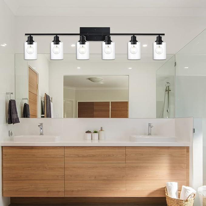 VINLUZ Bathroom Vanity Light Fixtures,6 Light Matte Black Modern Metal Base Wall Sconce Lighting with Clear Glass Shade Wall Mounted Lamp for Mirror