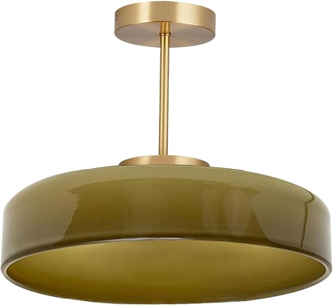 Green Semi Flush Mount Ceiling Light Modern Ceiling Lights 13.8″ Round Dome Glass Shade Mid Century Flush Mount Light Fixture Gold Brass Finish for Hallway Dining Room Overhead Light
