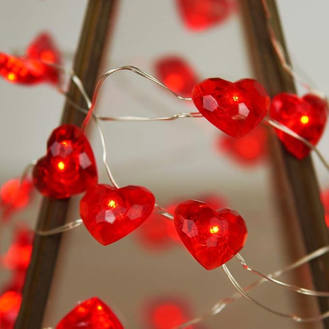BOHON Valentine Day Decorations 10 ft 40 LEDs String Lights with Remote | Red Heart Shaped Twinkle Fairy Lights Battery Operated for Kids Bedroom Indoor Party Valentine's Day Mother's Day Decor