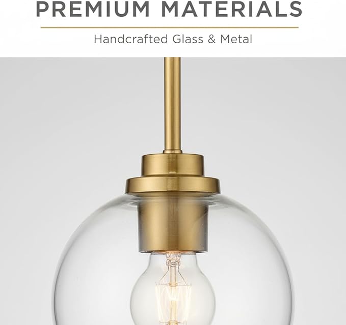 Gold Pendant Light – 7 Inch Clear Glass Farmhouse Hanging Fixture, Adjustable Height & Sloped Ceiling Compatible for Kitchen Island Dining Room Entryway Bedroom Hallway, 1 Pack