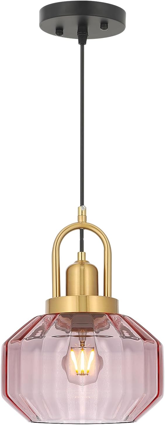 9in Mid Century Modern Pink Glass Pendant Light Fixture, Small Gold Kitchen Island Pendants Light Glass Ceiling Hanging Lamp for Foyer Dining Room Bedroom Entryway Hallway Over Sink