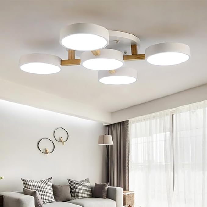 LED Ceiling Light Fixture,32 Inch 5-Lights Modern Ceiling Lights Flush Mount Wooden 55W Chandelier for Living Room Bedroom Kitchen,Dimmable 3000K/4000K/6000K Temperatures Selectable, White