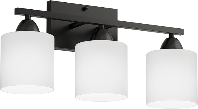 Black Bathroom Lights Over Mirror, Anti-rust Vanity Light Fixture for Bathroom, Modern 3-Light Wall Sconce Light for Living Room, Standard E26 Base, Milky White Glass Shades, Bulbs Not Included