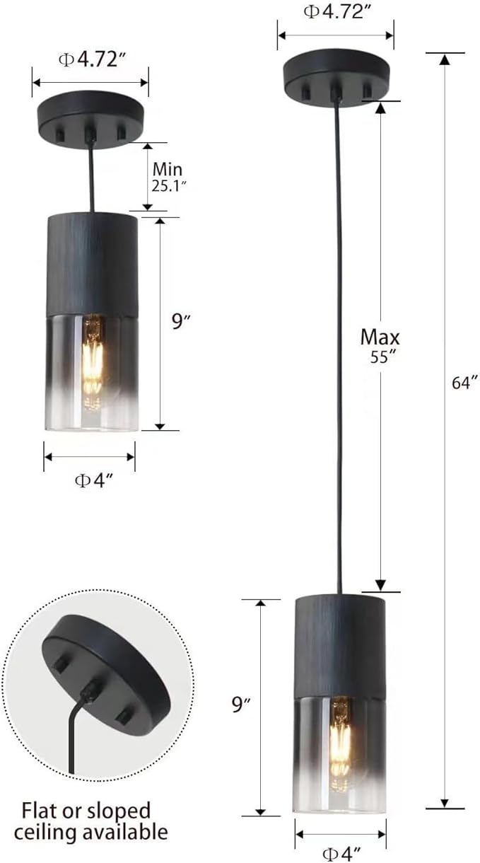 Modern Style Battery Operated Pendant Light Set of 2,Black Battery Ceiling Light fixtures with Rechargeable Bulbs 10 Colors Modes Remote Dimmable for Bedroom Living Room Hallway