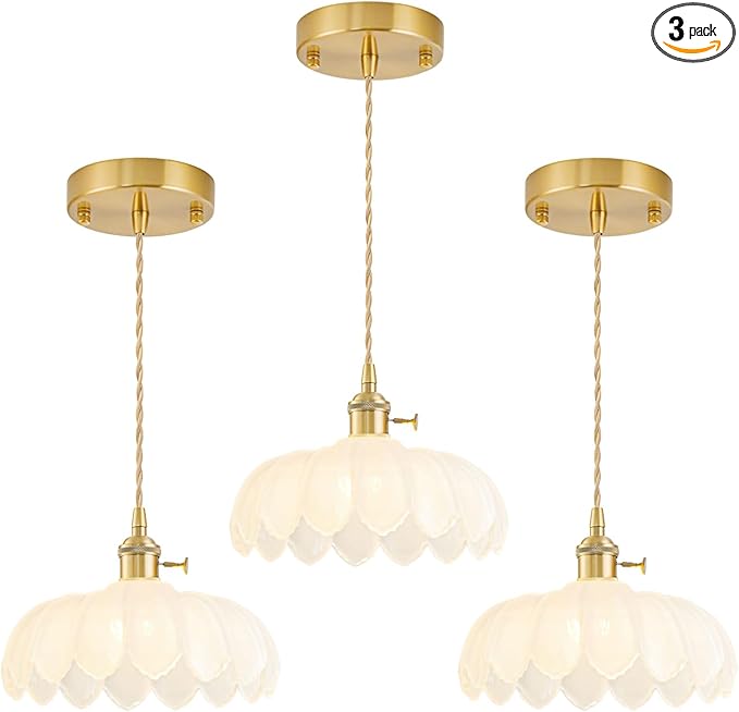 3 Pack Glass Pendant Lights Kitchen Island, Vintage Brass Pendant Light Fixtures, Adjustable Milk White Kitchen Pendant Lighting Over Island for Bedroom Living Room Hallway Dining Room