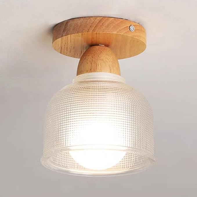 Schoolhouse Light Fixture Wood Ceiling Lamp, Semi Flush Mount Ceiling Light, 12'' Base, Balcony Solid Wood Hanging Light Farmhouse Bedroom Kitchen Hallway Glass Close to Ceiling Lights (A)