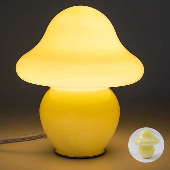 HEQET Mushroom Lamp White Glass Mushroom Table Lamp for Bedrooms, Living Room, Aesthetic Lamps for Bedroom, Cute Bedside Lamp (Yellow)