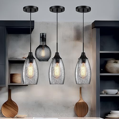 Viinew Mini Glass Pendant Light,4.72" Black Glass Hanging Light 3-Pack Handblown Clear Black Seeded Shade Adjustable Cord Ceiling Light Fixture for Kitchen Island Sink