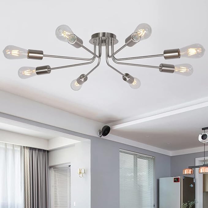 Mid Century 8 Light Chandelier Modern Ceiling Lighting Brushed Nickel Semi Flush Mount Ceiling Lights Fixture Used for Kitchen Dining Room Living Room