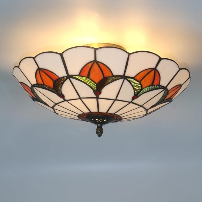 Tiffany Style Ceiling Light 16 Inch Stained Glass Flush Mount Ceiling Light for Bedroom Chandelier Vintage Pendent Light Fixtures (16 Inch White Orange)