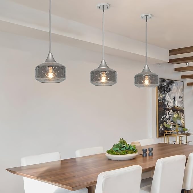 Modern Chrome Pendant Lights Kitchen Island, 9 Inch Smoke Grey Glass Pendant Light with Adjustable Hanging Rod, E26 Socket, for Kitchen Island Lighting, Bathroom, Hallway & Entryway Home Decor