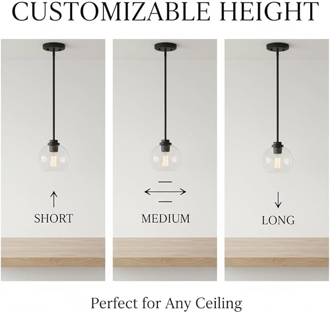 Globe Pendant Light – 7 Inch Clear Glass Modern Hanging Fixture, Black Finish Adjustable Height & Sloped Ceiling Compatible for Kitchen Island Dining Room Bedroom Hallway Farmhouse, 1 Pack