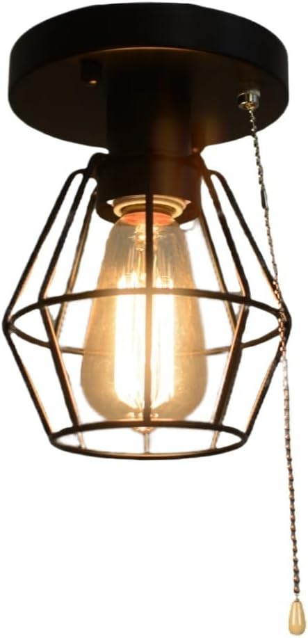 Black Metal Wire Cage Ceiling Light with Pull Chain, 1-Light Modern Industrial Semi Flush Mount Light Small Pull String Entryway Porch Ceiling Light Fixture Edison E26 161