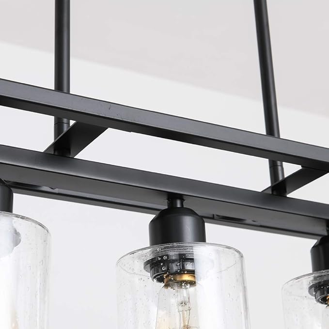 5-Light Black and Bronze Kitchen Island Lighting, Farmhouse Dining Room Light Fixtures Over Table, Linear Chandelier for Dining Room, Pool Table Pendant Light with Seeded Glass Shade