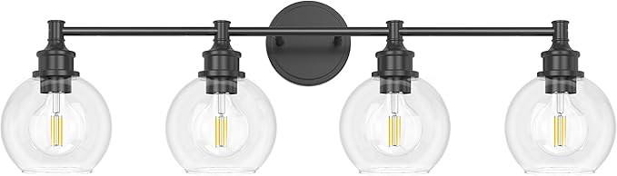 Bathroom Light Fixtures, 4-Light Matte Black Vanity Light Globe Glass Shades, Bathroom Lighting Fixtures Over Mirror, Wall Sconces for Master Bathroom, Guest Bathroom, Powder Room, 28-inch