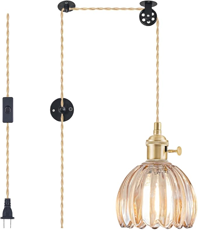 Plug in Pendant Light Fixtures, Hanging Light Fixture Vintage Glass Pendant Light, Mini Amber Tulip Hanging Lamp, Pendant Lighting for Kitchen Island, Bedroom, Dining Room, Living Room