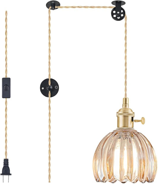 Plug in Pendant Light Fixtures, Hanging Light Fixture Vintage Glass Pendant Light, Mini Amber Tulip Hanging Lamp, Pendant Lighting for Kitchen Island, Bedroom, Dining Room, Living Room