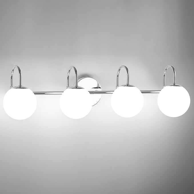 Chrome Mid Century Modern 4-Light Bathroom Light Fixtures Over Mirror, Vanity Wall Sconces With Globe Frosted Milk Glass