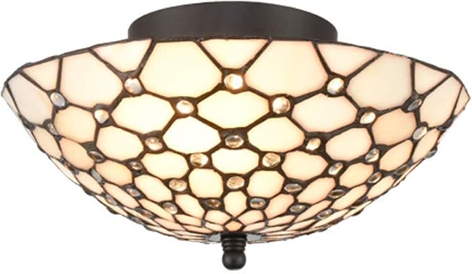 DIRYZON EUL Tiffany Style Semi Flush Mount Ceiling Fixture Antique Brass & Art Colorful Glass Shade-3 Lights