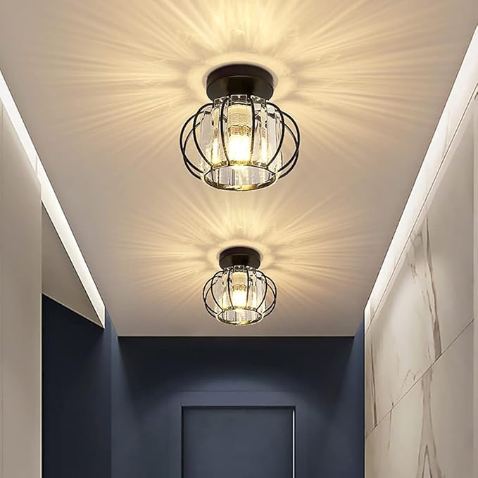 FRIXCHUR Black Modern Semi Flush Mount Ceiling Light Fixture Ceiling Light Shade Mini Crystal Chandeliers Ceiling Light for Kitchen Island Hallway Closet Dining Room Bedroom Staircase E26 Base