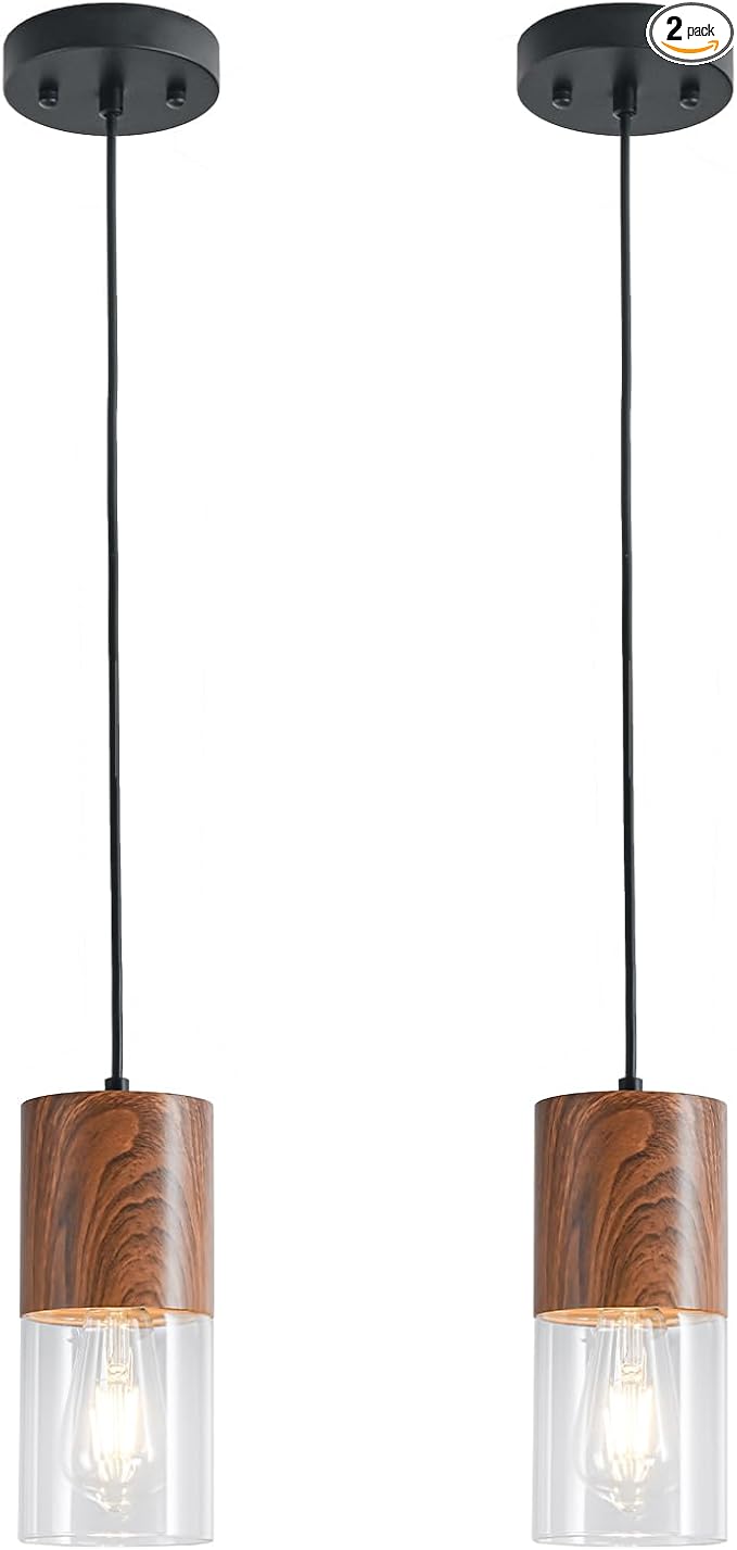 2-Pack Modern Pendant Lights for Kitchen Island, Adjustable Pendant Light Fixtures with Brown Wood Grain, Industrial Clear Glass Pendant Lights for Dining Table Hallway Bedroom Living Room