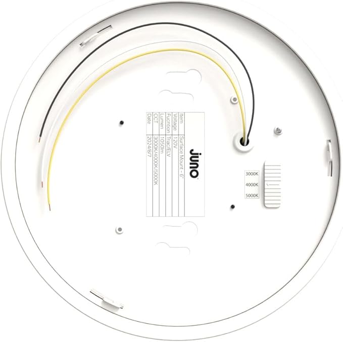 Juno Slim Basics 6 Inch LED Ceiling Light, Low Profile Surface Mount Downlight for Shower or Closet Lighting, 3000K/4000K/5000K Selectable White Light, Edged Trim, Wet Rated, Matte White