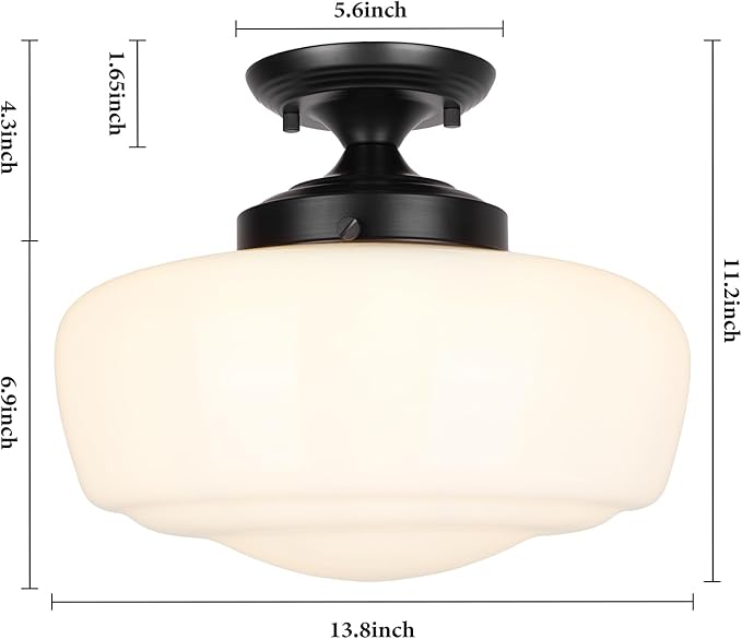 Large Schoolhouse Style Semi Flush Mount Ceiling Light Fixture, 14" Modern Hallway Ceiling Lamp with Opal Milk Glass Shade, Farmhouse Globe Light for Bedroom Kitchen Hallway Entryway Laundry