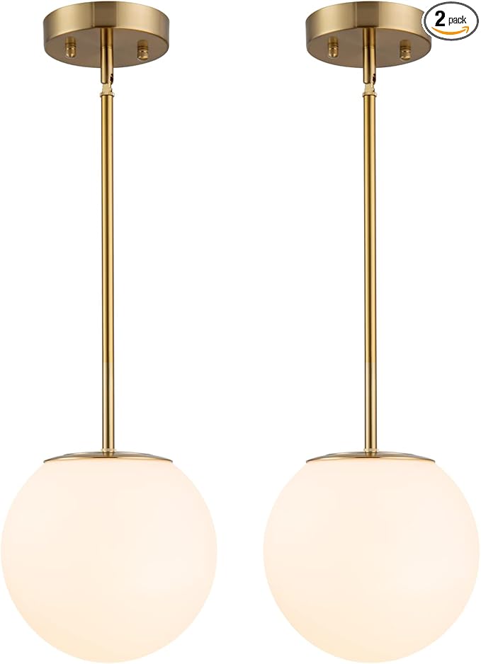 Modern Globe Pendant Light – Large Mid Century, Shatterproof Acrylic Opal Shade, Gold Finish, 2-Light, Adjustable Height for Sloped Ceilings, Hanging Lamp for Kitchen Island Dining Room Hallway
