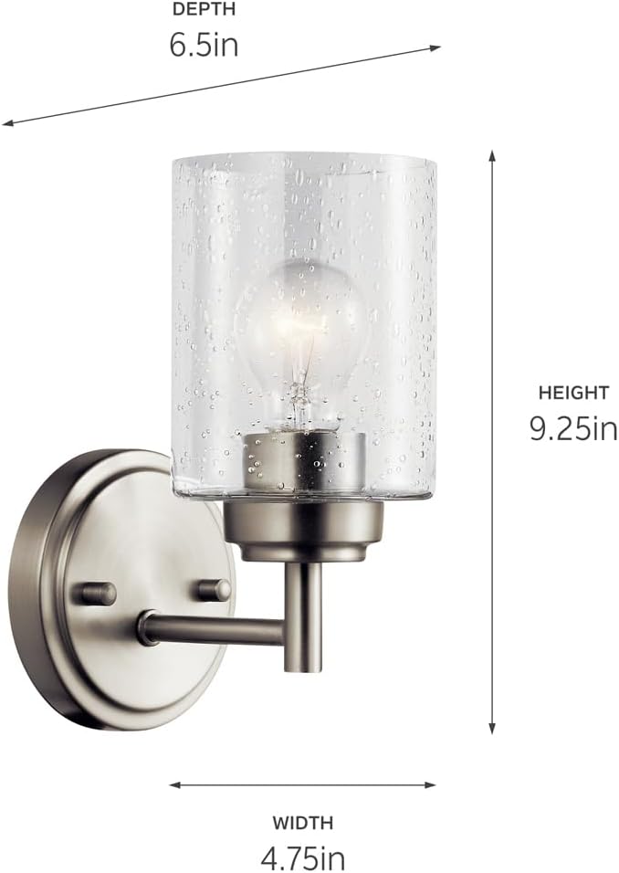 Kichler Winslow 9.25" Wall Sconce in Brushed Nickel, 1-Light Modern Wall Mount Fixture with Clear Seeded Glass , 45910NI