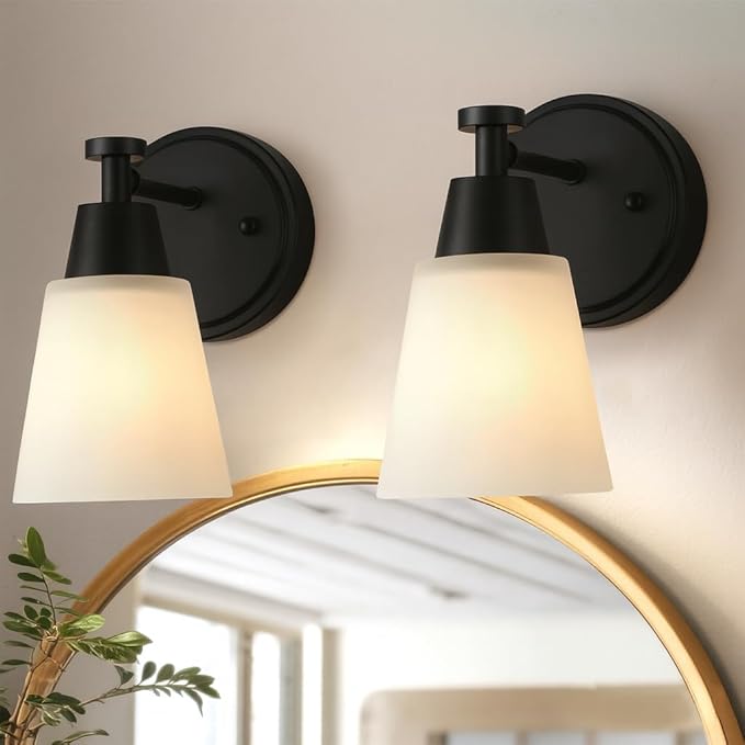Wall Light Fixtures 2 Pack, Matte Black Vanity Lights with Milk Glass Shades, Modern Farmhouse Wall Sconces for Gallery, Mirror, Bedroom, and Bathroom