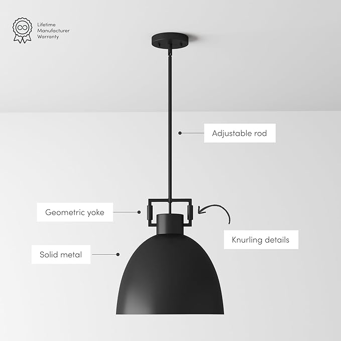 Nathan James Leigh Pendant Lighting, Hanging Ceiling Light with Oversized Metal Shade and Adjustable Cord, for Kitchen Island or Entryway, Matte Black, Set of 2