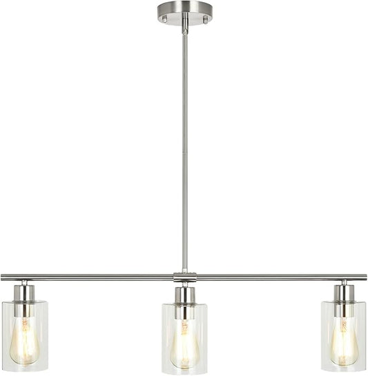 3-Light Pendant Lighting Clear Glass Pendant Lighting for Kitchen Island Brushed Nickel Hanging Light Fixture Pendant Light Dining Room Chandelier Farmhouse