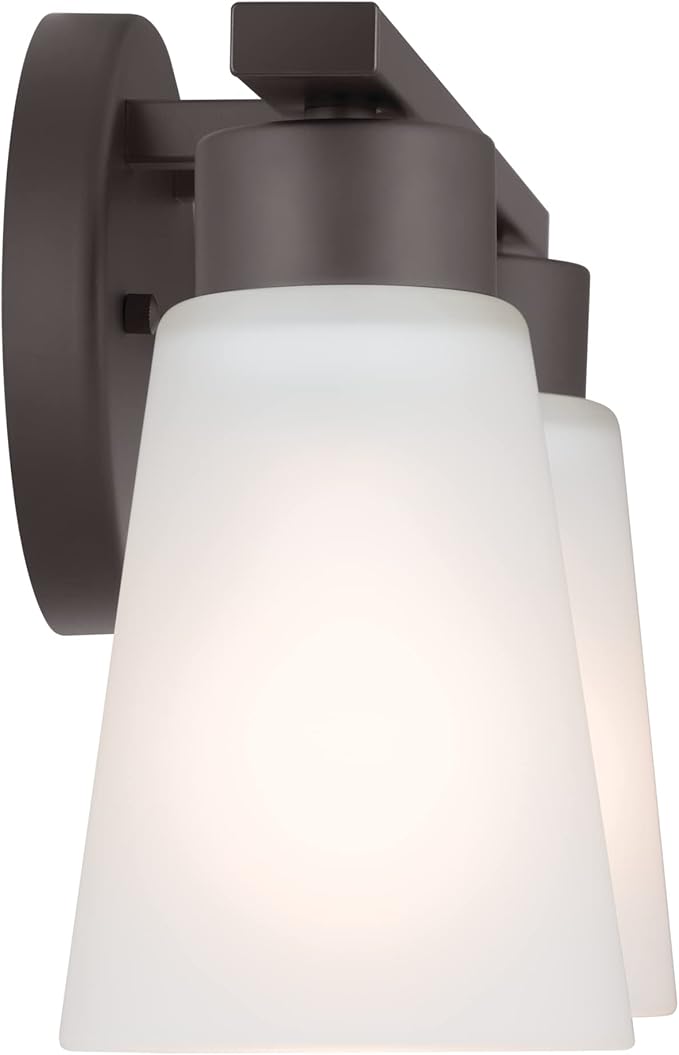 Kichler Stamos 2-Light Bathroom Vanity Light with Satch Etched Glass Shades, 13" Modern Wall Light in Olde Bronze®, (13" x 8" x 5")