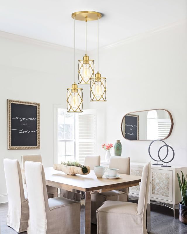 Brushed Gold Dining Room Chandeliers Light Fixtures, Modern 3-Light Pendant Lighting with Clear Glass, Farmhouse Cluster Kitchen Hanging Lights for Sink Bedroom, CH9176BG3