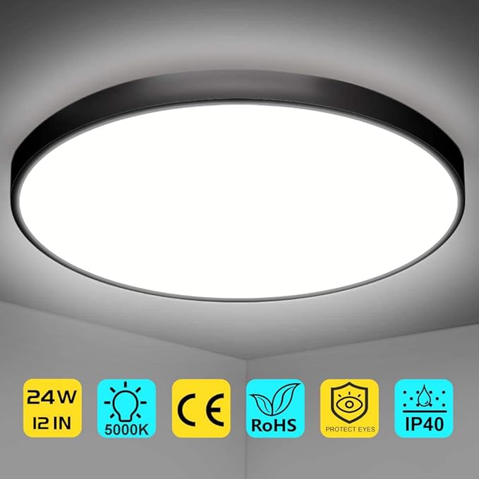 12 Inch 24W Flush Mount LED Ceiling Light Fixture, 5000K Daylight White, 3200LM, Flat Round Ceiling Light Fixture, 240W Equivalent Black Ceiling Lamp for Closets, Kitchens, Stairwells, Bedrooms.etc.