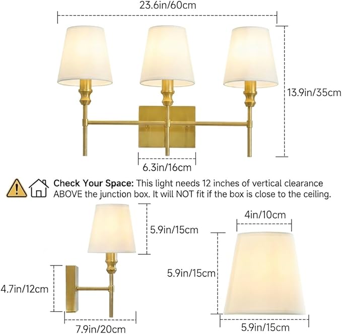 Bathroom Light Fixtures,23.6 IN Bathroom Vanity Lights Over Mirror，3-Light Antique Brass Vintage Wall Sconce With Flared White Fabric Lampshade For Bedroom,Living Room,Foyer,Hardwired,E12 Base