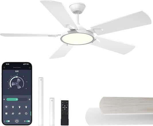 OJX Ceiling Fans with Lights, 52 inch Ceiling fan with Light and Remote/APP Control, 3CCT, Quiet DC Reversible, Dimmable, Modern Black Ceiling Fa for Bedroom, Living Room, Kitchen, Indoor/Outdoor Use