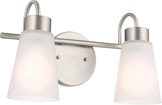Kichler Erma 2-Light Bathroom Vanity Light Fixture with Satin Etched Glass, Brushed Nickel Wall Mount for Mirror Lighting, Up or Down Installation (13.5" x 8.5" x 6"), 55125NI