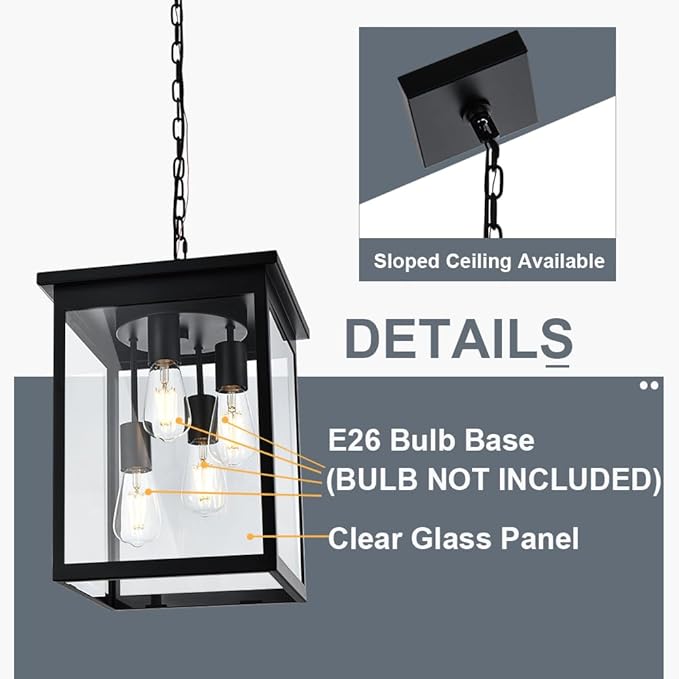 TODOLUZ Large Outdoor Pendant Light Fixtures, 4-Lights Black Exterior Ceiling Hanging Lanterns with Clear Glass, Farmhouse Outdoor Chandelier for Front Door Entry Patio