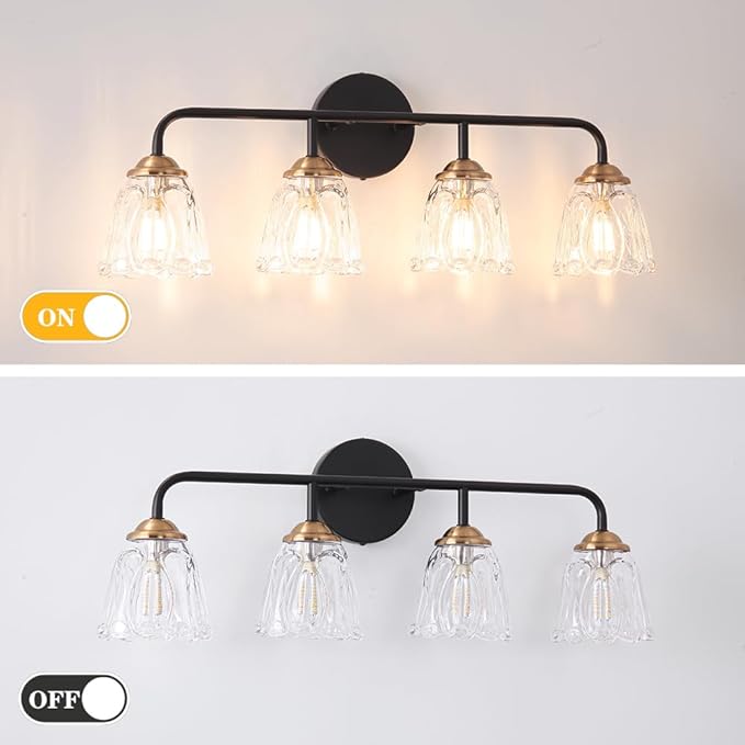 Daunton 4-Light Vintage Vanity Light, Black and Gold Bathroom Vanity Light Fixtures Over Mirror, Elegant Bathroom Light Fixtures with Clear Glass Shade, Wall Sconce Lighting for Bedroom, Living Room