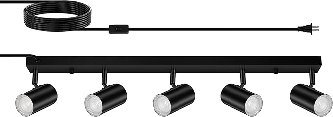 AUQUEE 5 Light Track Lighting Kit,Black 5 Way Modern Plug in Ceiling Spotlight,Industrial LED Wall Light for Kitchen Cabinet Gallery Bar Hallway Living Room,Rocker Switch,15 Foot Cord(No Bulb)