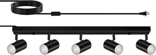AUQUEE 5 Light Track Lighting Kit,Black 5 Way Modern Plug in Ceiling Spotlight,Industrial LED Wall Light for Kitchen Cabinet Gallery Bar Hallway Living Room,Rocker Switch,15 Foot Cord(No Bulb)