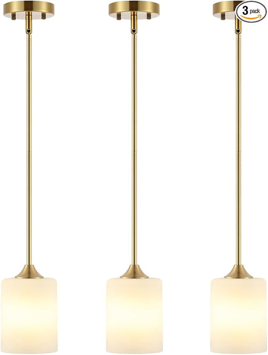 BYOLIIMA Modern Gold Pendant Light 3 Pack Brushed Brass Mid Century Chandelier White Cylinder Glass Shades Adjustable Rods Farmhouse Ceiling Hanging Lighting Fixture Kitchen Island Dining Room Bedroom