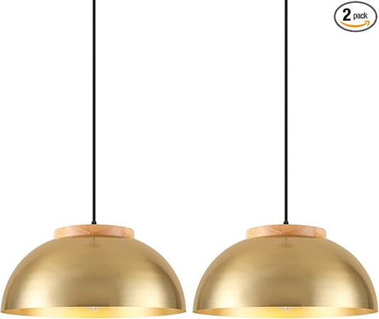 Large Pendant Lights, Gold Pendant Lights for Kitchen Island, Farmhouse Pendant Light Fixtures with Wooden Holder, 16" Adjustable Lighting Fixtures for Dining Room, Living Room, Entryway, 2 Pack