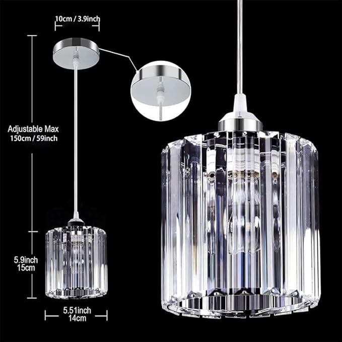Rechargeable Wireless Battery Operated Pendant Light with Bulb & Remote, Battery Powered Pendant Lamp Cordless Crystal Glass Chandelier Ceiling Hanging Lighting for Kitchen Island Dining Table Bedroom