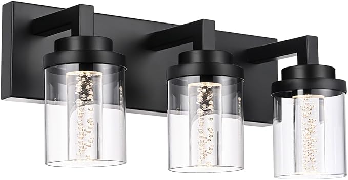 MELUCEE 3-Light LED Bathroom Lighting Fixtures Over Mirror Modern Bathroom Vanity Light Fixtures 5CCT Black Vanity Light Above Mirror with Bubble Crystal and Clear Glass Shade, Built-in LED Chips