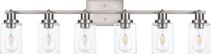 6 Light Track Lighting Kit Brushed Nickel Kitchen Track Lighting Fixtures Ceiling Mount Bathroom Vanity Wall Scones Light Fixture with Clear Glass, Rotatable Spotlight for Kitchen Shop Hallway